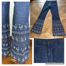 Vtg 70s Navy Seafarer Style Dungaree Flare Bell Bottoms Jeans Tribal Embroidered
