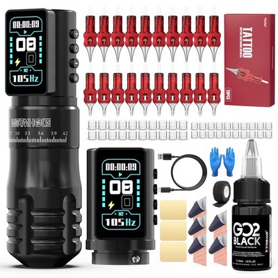 Wireless Tattoo Machine Kit, Adjustable Rotary Pen, 2x 2300mAh Battery, Pro Ink