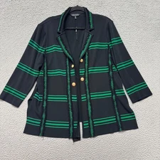 Ming Wang Cardigan Womens XL Black Green Striped Open Front Classic Elegant