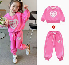 Girls Pink 2pc 100 Cotton Sweatshirt Jogger Pants Set Heart LOVE 6-7Y