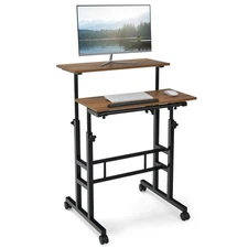 Costwy Adjustable Computer Desk Mobile Stand up Desk  Tilting Workstation Walnut
