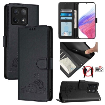 Für Xiaomi 14T Pro Katze Ratte Geprägtes Muster RFID Leder Handy Hülle Cover Schale