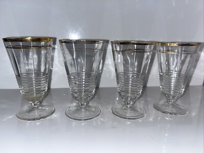 Vintage Gold Rim Horizontal Rib Crystal Shot/ Beer /Water Glasses Set Of 4