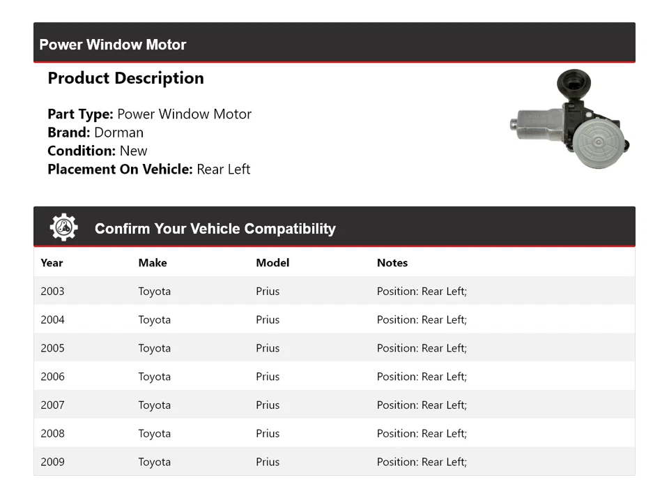 Двигатель заднего стекла левый для Toyota Prius Dorman 2003-2009 годов выпуска 2004 2005 2006 годов выпуска - Изображение 2 из 4