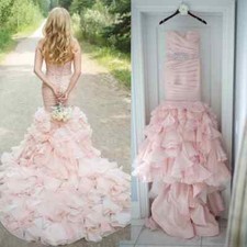 Elegant Blush Pink Wedding Dresses Sweetheart Lace Beaded Tiered Bridal Gowns