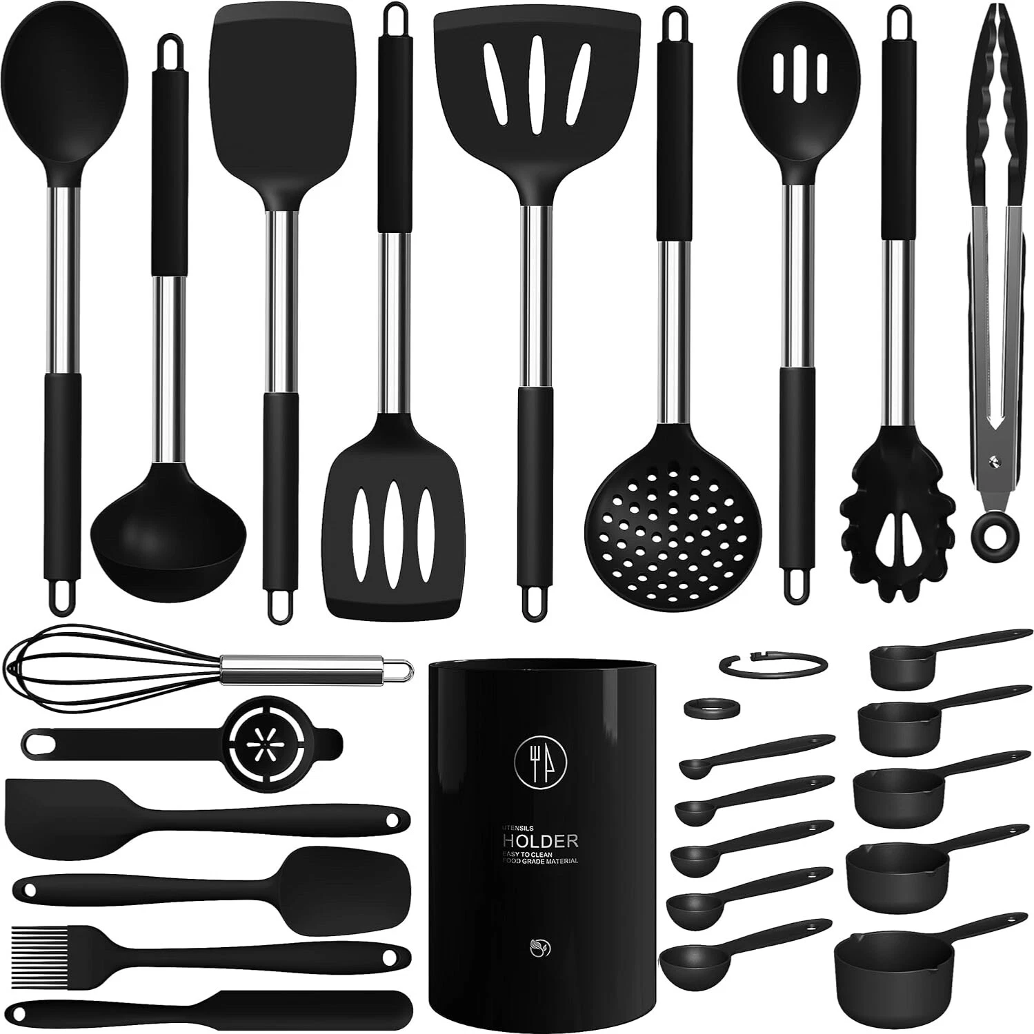Large Silicone Stainless Steel 18 Piece Cooking Utensil Set, Heat Resistant, Blk