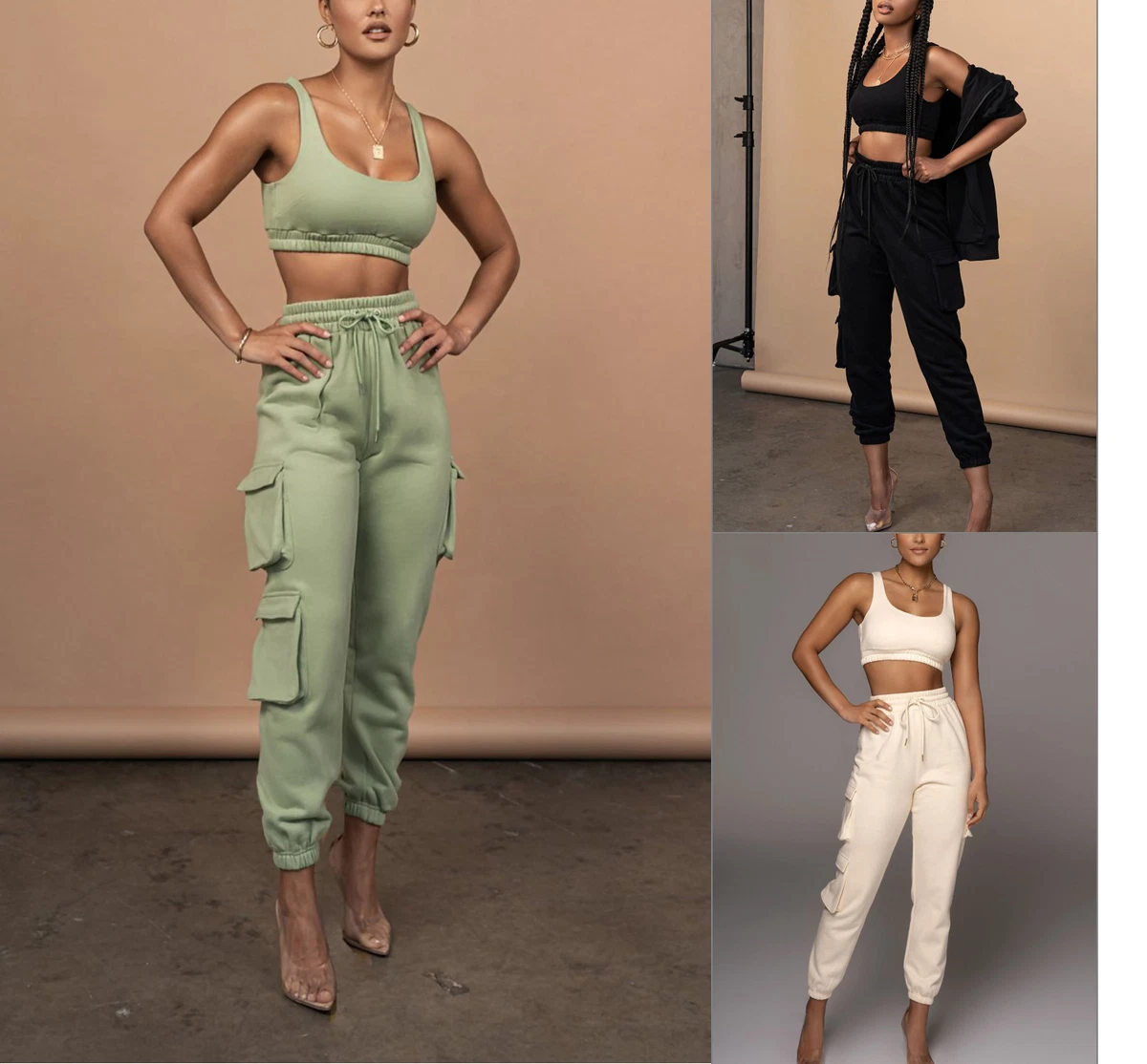 Womens Ladies 2 Piece Crop Top and Cargo Joggers Co Ord Set Winter