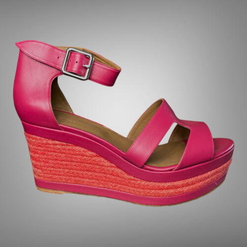 HERMES New Ilana Fuchsia Coral Leather Espadrille Wedge Sandals Shoes EU 41 - Afbeelding 1 van 8