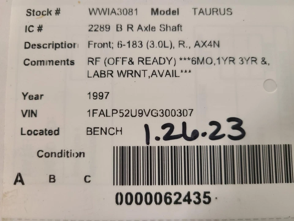 Eje de transmisión delantero derecho usado se adapta a: Ford Taurus 1997 delantero 6-183 3,0 L R. AX4 Foto 4 de 4