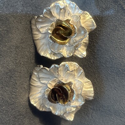 Sterling Silver & 18k Gold Janet Gabriel Clip On Flower Earrings Signed