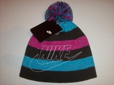 Nike Hat Girls Cold Weather Dark Chocolate Pom Pom Swoosh Nike Name 7-16 New