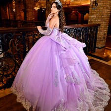 Glitter Purple Quinceanera Dress Ball Gown Lace Applique Beaded Bow Corset Sweet