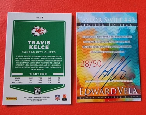 Taylor Swift ART CARD #d28/50 ARTIST SIGNED TRAVIS KELCE OPTIC CARD CHIEFS - Picture 4 of 6