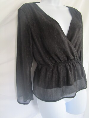 Jacqueline de Yong Women Sz 4  Blouse Long Flare Sleeve Cross V-Neck BlackSilver