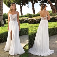 Boho A-Line Wedding Dress Spaghetti Straps Side Split Lace Applique Bridal Gowns