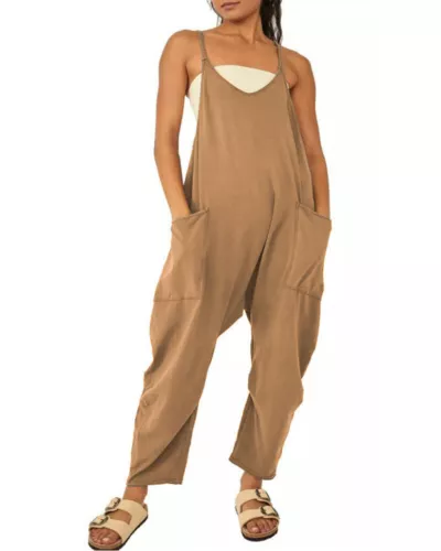 Womens Jumpsuits Loose Casual Rompers Sleeveless Spaghetti Strap Baggy Pockets - Picture 24 of 40