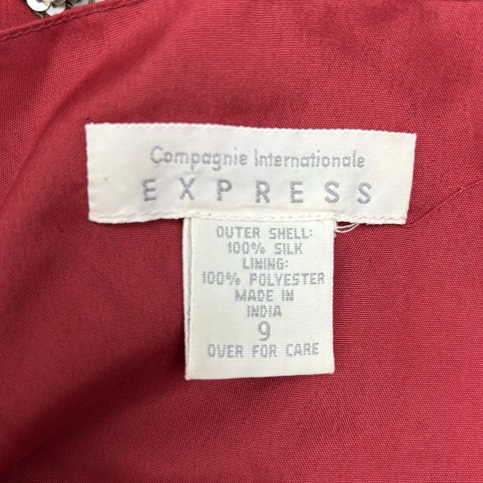 Vintage Y2K Express Dress 9 Red Silk Beaded Sequin Cocktail Evening Empire Waist - Image 3 of 4