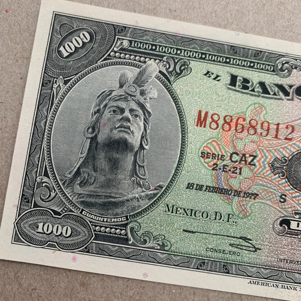 Chichen Itza 金字塔 罕见 墨西哥 1000 比索钞票 1977 年 Cuauhtemoc 货币 — 第 2/4 张图片