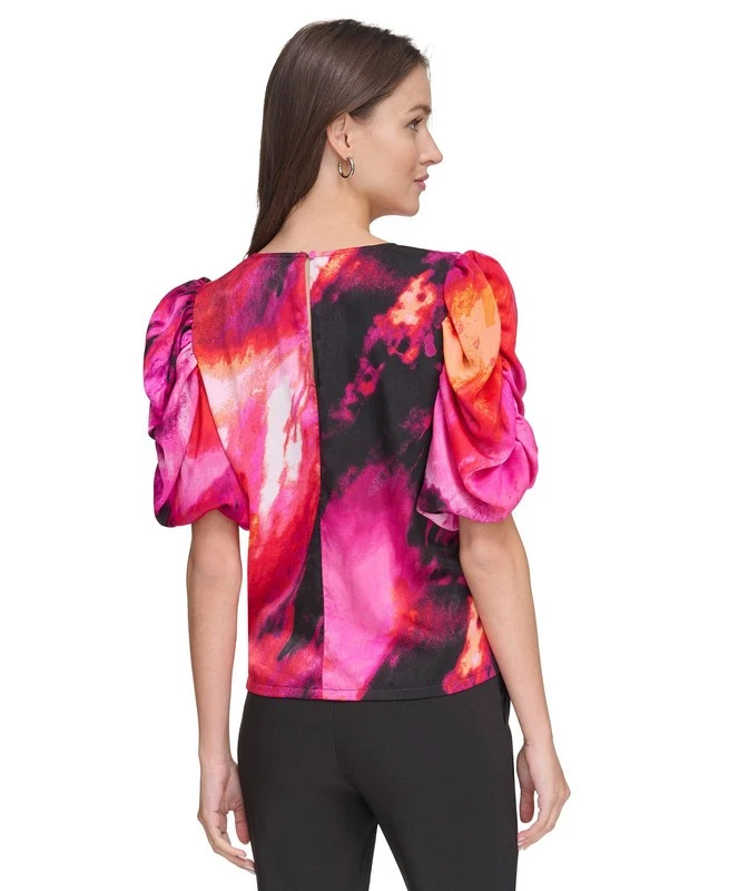 DKNY Women's Printed Puff-Sleeve Top (Shocking Pink, X-Small) - Image 2 of 4