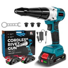 Cordless Rivet Gun with 2PCS Batteries and 1.2A Fast Charger, Brushless Elect...