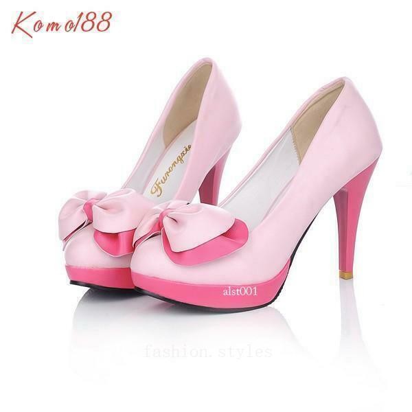 Women's Round Toe Slip on High Heels Cute Bowknot Mary Jane Date Party Shoes