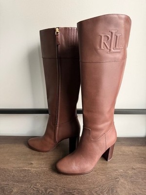 New LAUREN RALPH LAUREN Page II Brown Leather Block Heel Knee Boots sz 8.5