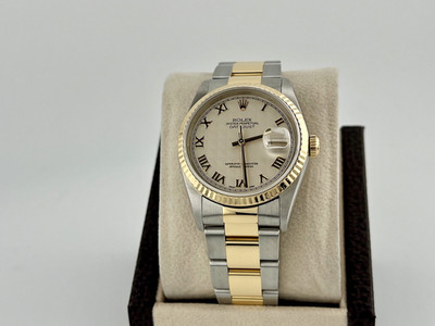 2002 Rolex Datejust 16233 36mm Roman Ivory Pyramid Dial 18k Yellow Gold Steel