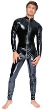 Black Level Men's Vinyl Jumpsuit 3-Way Metal Zip 4-Way Stretch Wetlook Black