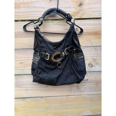 Guess Black Monogram Canvas Hobo Bag Patent Trim Studded Y2K Large G Logo