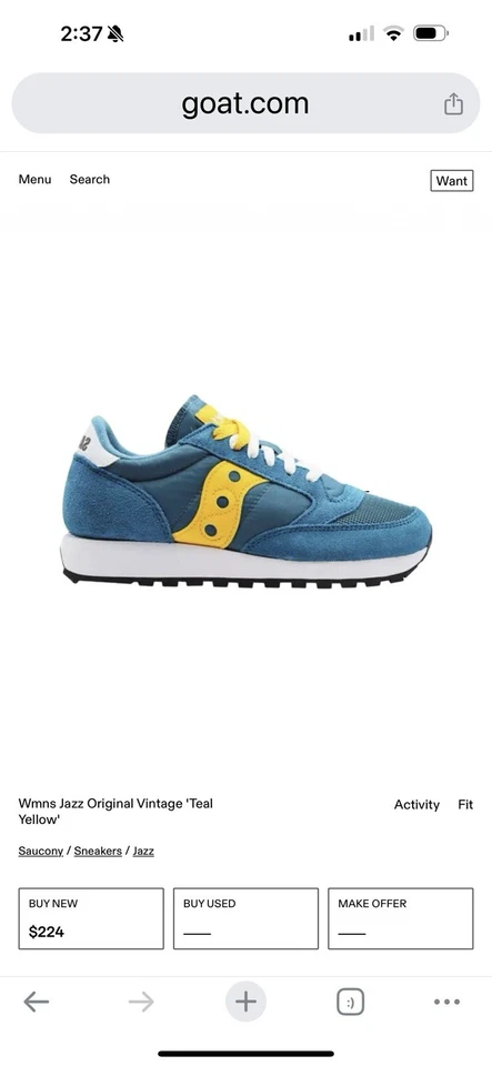 Saucony Wms Jazz Original Vintage “Teal Yellow” Sneakers Sz 9 / 40.5 s60368-95 - Image 2 of 4