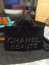 CHANEL BEAUTE Black Makeup Pouch Clutch Bag w/ Zipper Embroidered Letters