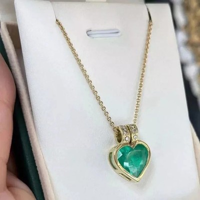 2.10Ct Lab-Created Emerald Diamond Heart Pendant Necklace 14K Yellow Gold Plated