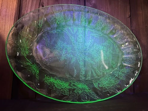 Jeanette Floral Poinsettia Oval Uranium Glass Platter Green