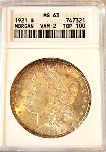 1921 P VAM-2 TOP 100 MORGAN SILVER DOLLAR ANACS MS 63 RIM TONING