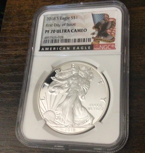 2018-S American Silver Eagle Coin, First Day of Issue, NGC PF70, Ultra Cameo