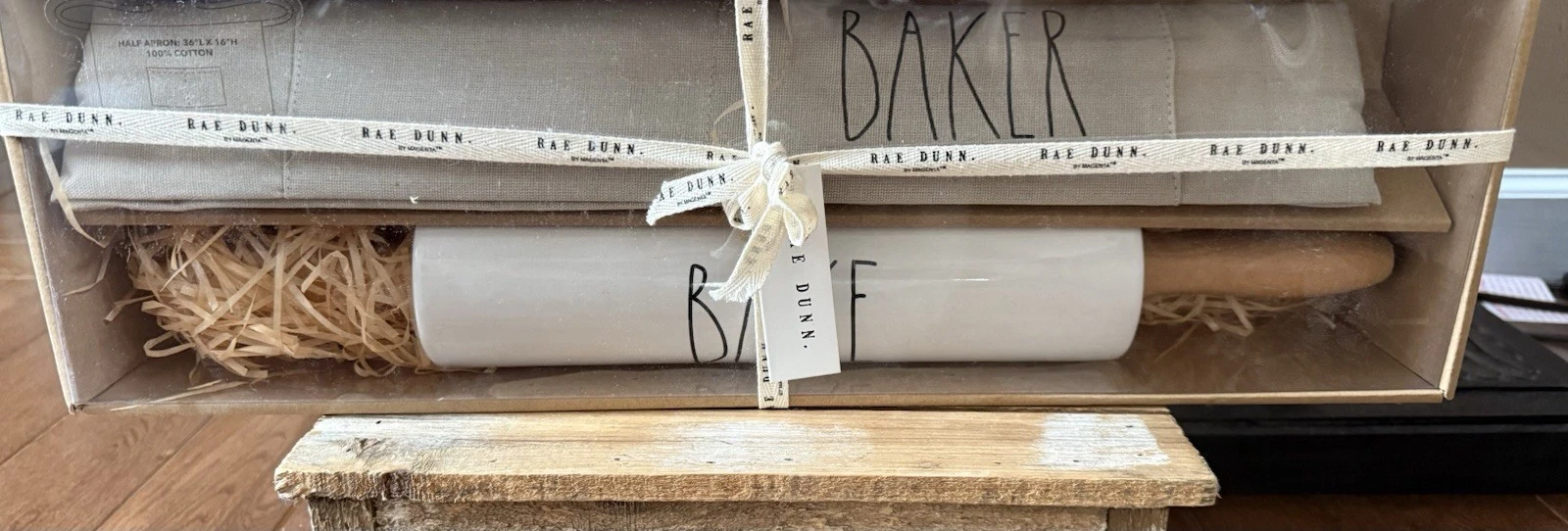 RAE DUNN New In Box Rolling Pin (BAKE) and Apron (BAKER) Set Farmhouse Magenta