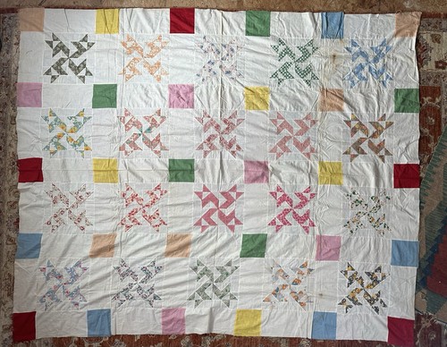 Antique Vintage Pinwheel Patched Quilt Hand Made Quilted Top 74x88.5