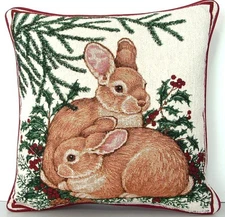 Rabbits - Two Rabbits In Winter Scene , Glitter, Chenille Tapestry Pillow New