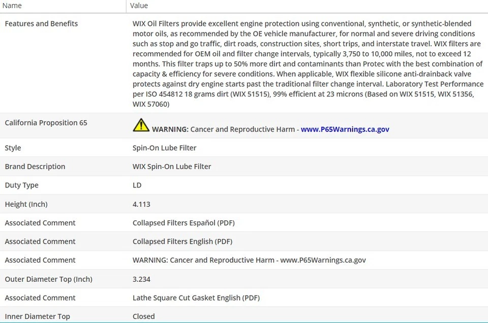 Filtro de aceite de motor OEM WIX para Nissan 300ZX 1984-1996 V6-3,0 L Foto 3 de 4