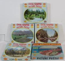 5 Vtg Jigsaw Puzzles Lot 1960s Built Rite Oval Shaped Dells Nature Monterrey