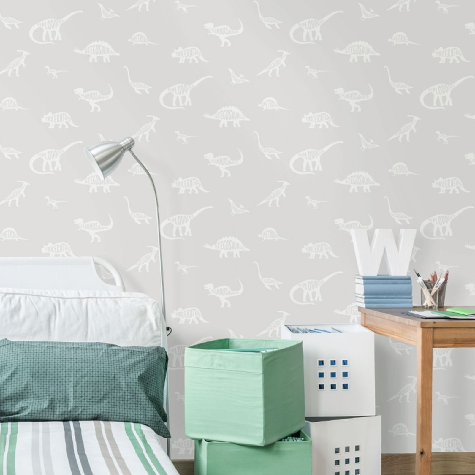 Grey Dino Dinosuar Wallpaper Kids Childrens Bedroom Boys Girls Playroom Nursey