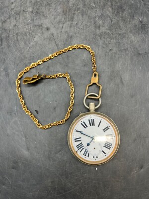 Vintage Avance Retard Pocket Watch Gold Nickle Swiss Made Chain Link Green Gem 