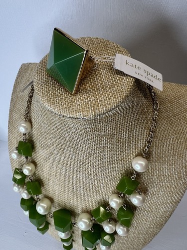 KATE SPADE "IT TAKES ALL SORTS" Green BAUBLES PEARL Necklace Earrings Ring Set - Picture 2 of 9