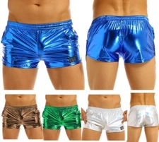 Mens Shiny Metallic Low Rise Elastic Waistband Boxer Shorts Clubwear Swim Trunks