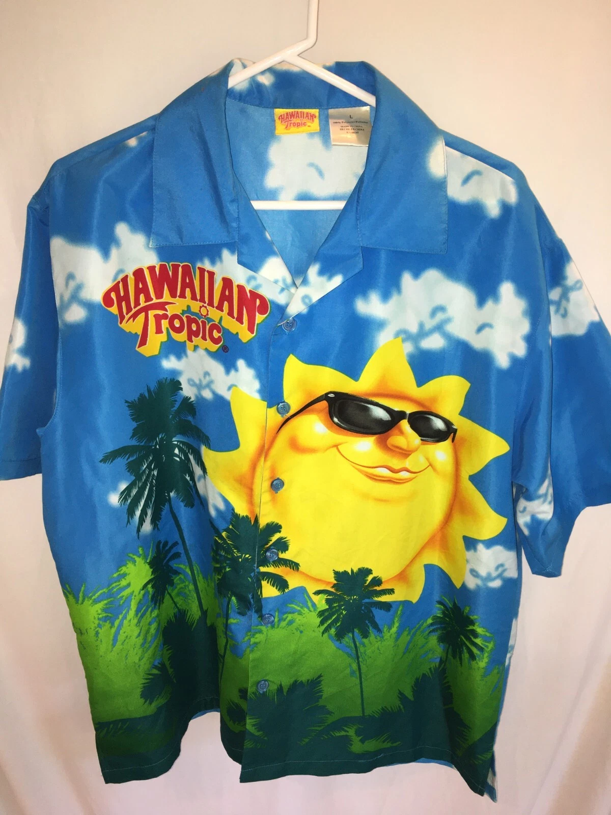 MENS BLUE YELLOW SUNSHINE HAWAIIAN TROPIC POLY ALOHA ISLAND SHIRT SIZE L 46"