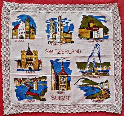 HANDKERCHIEF VINTAGE SWITZERLAND SUISSE BERN GENEVA ZURICH BASEL COTTON 11''