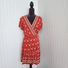 Zesica Wrap Dress Women Red White Floral Flutter Sleeve Rayon V-Neck Sz M