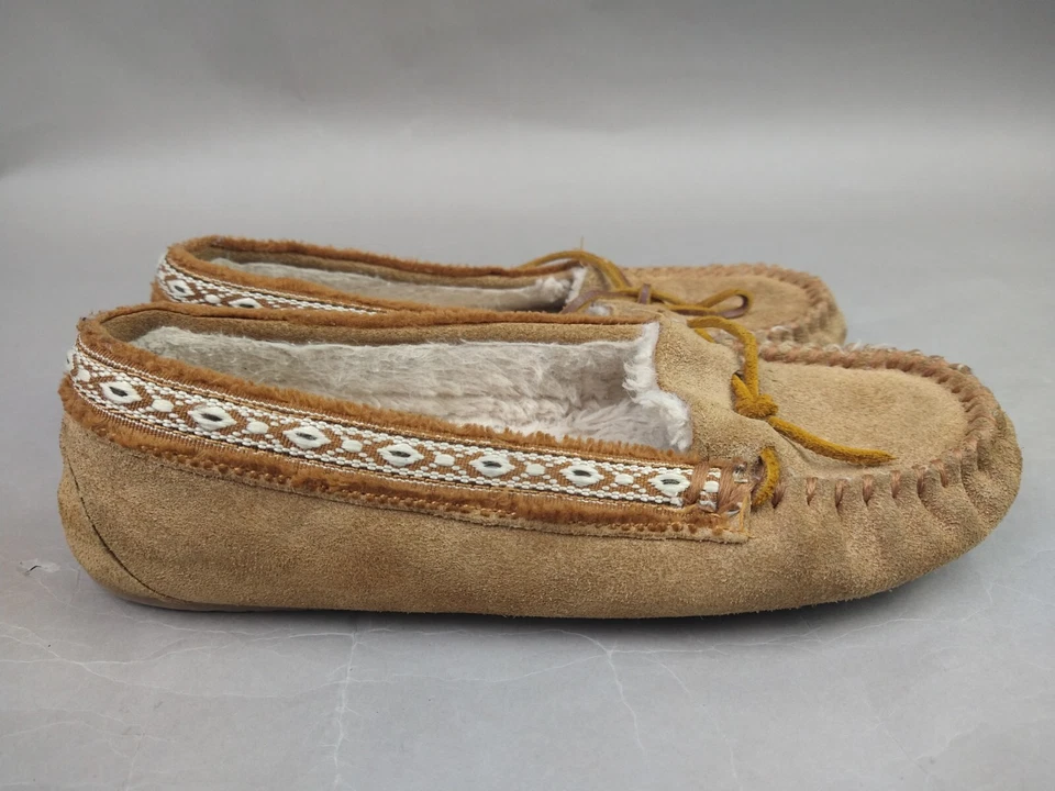 Mujer Minnetonka Mocasines Talla 8 Zapatillas Cuero Imitación Piel Forrado Foto 2 de 4