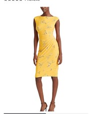 Ralph Lauren Size 18 Yellow Knit Dress Sleeveless Floral Gathers at Side New