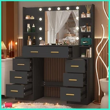 Black Makeup Vanity Table With Vanity Mirror & LED Lights Dresser Dressing Desk